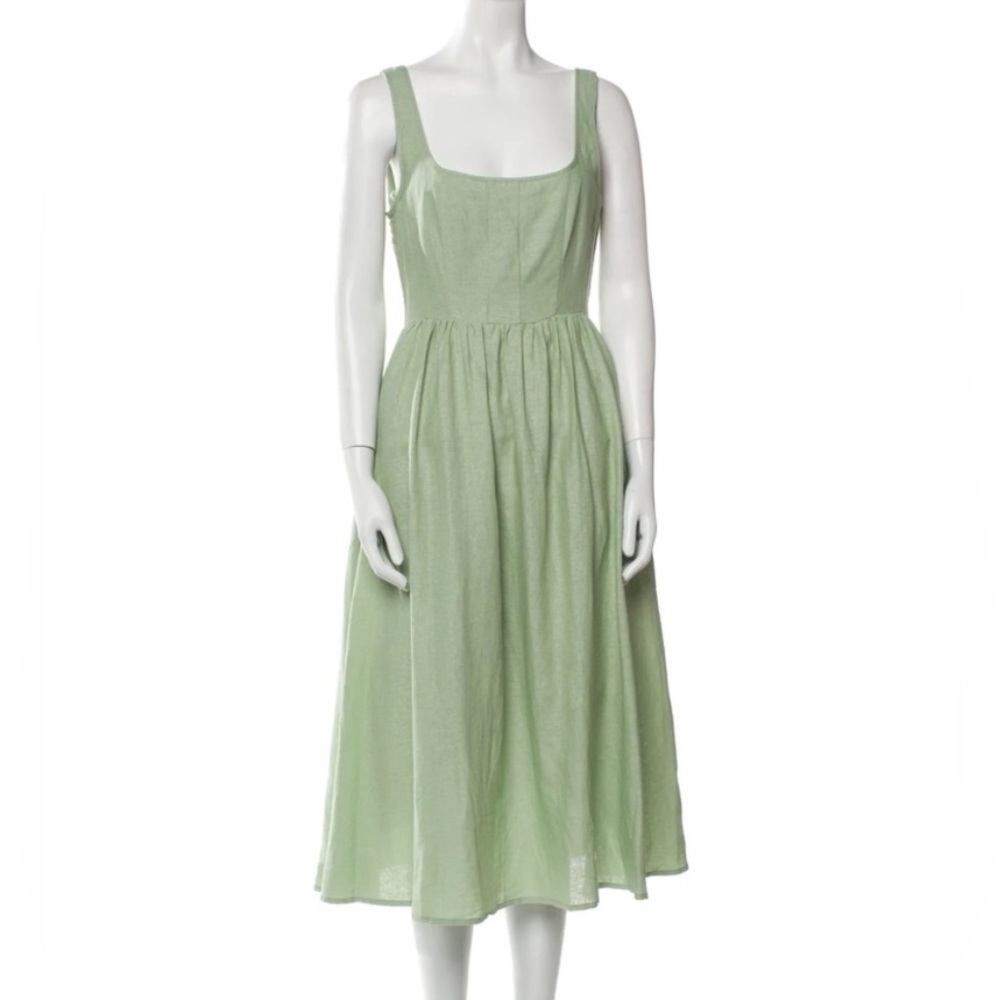 Christian Lacroix Seafoam Sage Green Linen Square Neck Pocket Midi Sundress